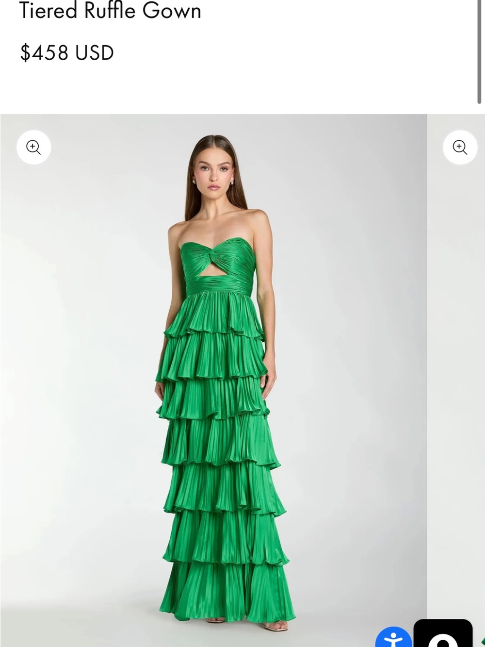 Mac Duggal Dark Green Pleated Charmeuse Strapless Tiered Ruffle Gown